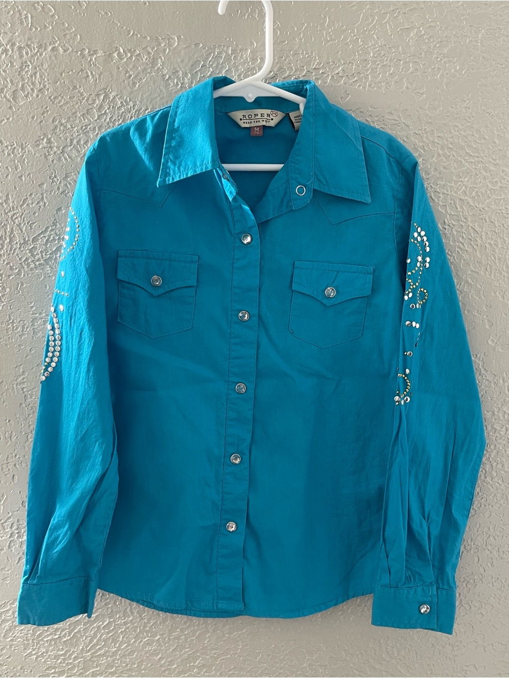 Roper Kids Teal Western Snap Shirt with Rhinestone Sleeve Detail Medium (7-8)